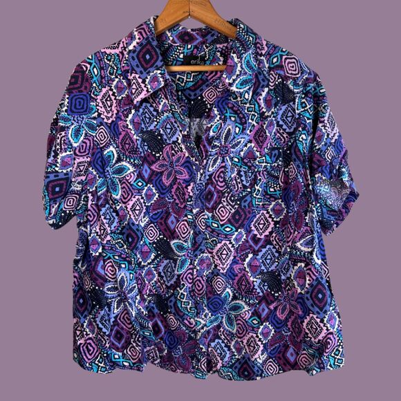 Vintage 90s Erika Geometric Print Button Down Shirt - Picture 1 of 8